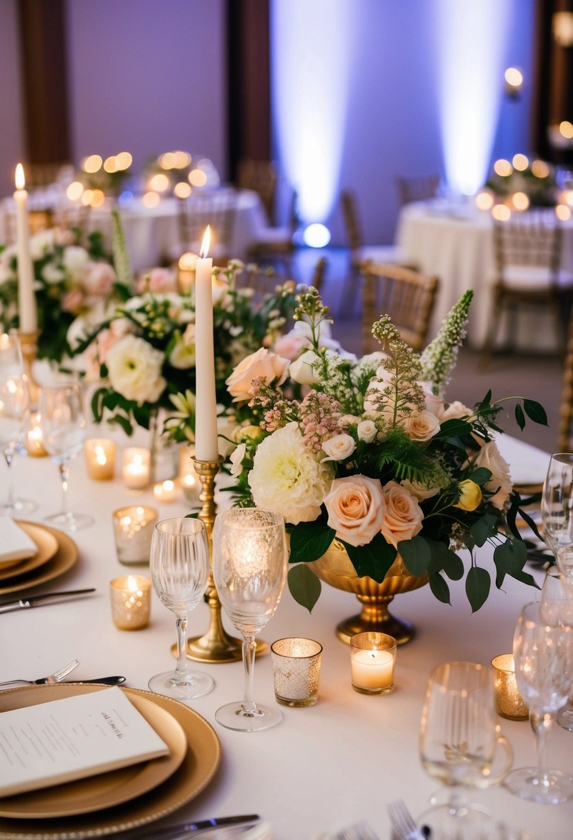 A table adorned with elegant floral centerpieces, delicate candles, and shimmering glassware for an indoor wedding reception