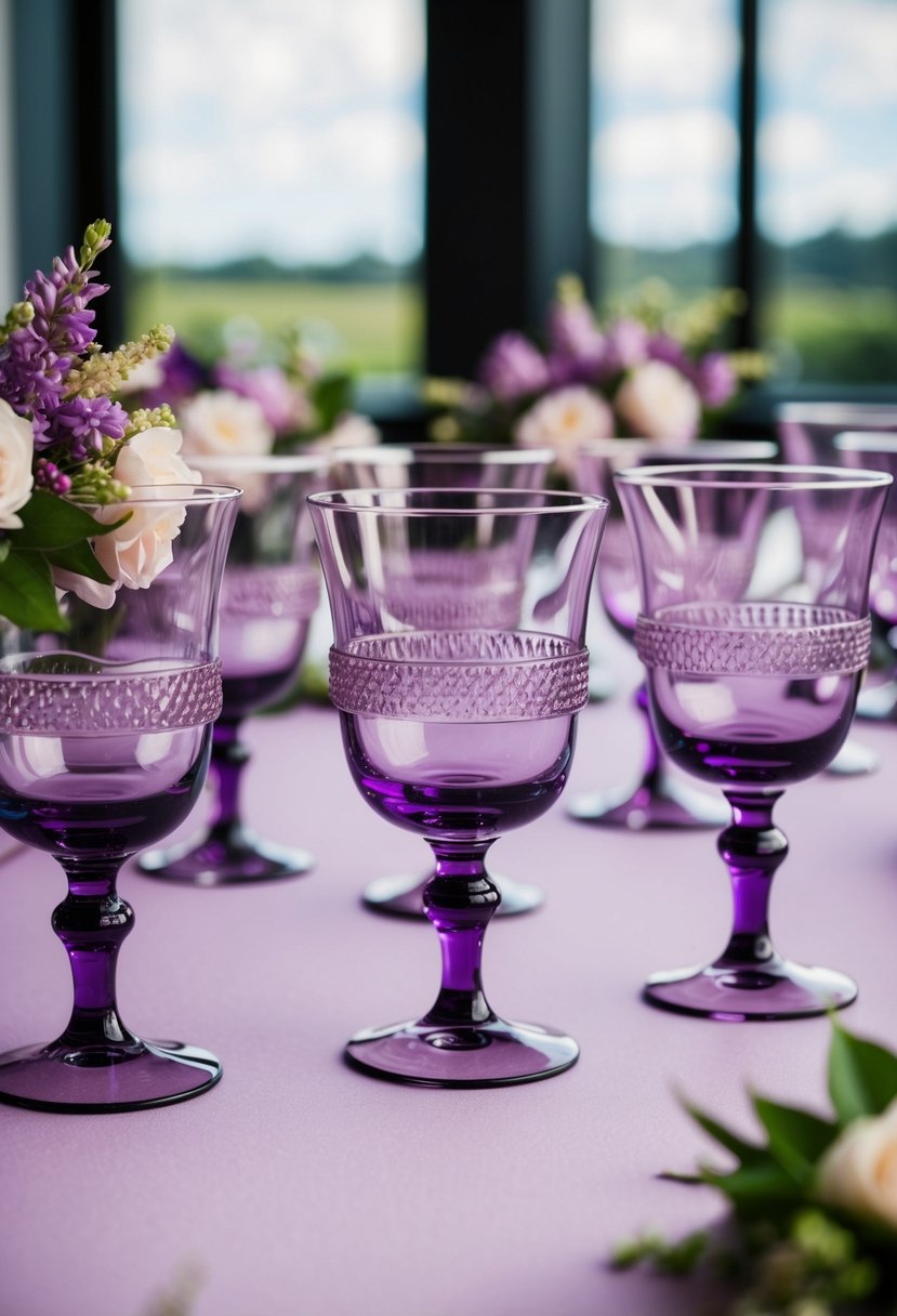 Lilac-hued glass goblets arranged on a table with matching floral decorations