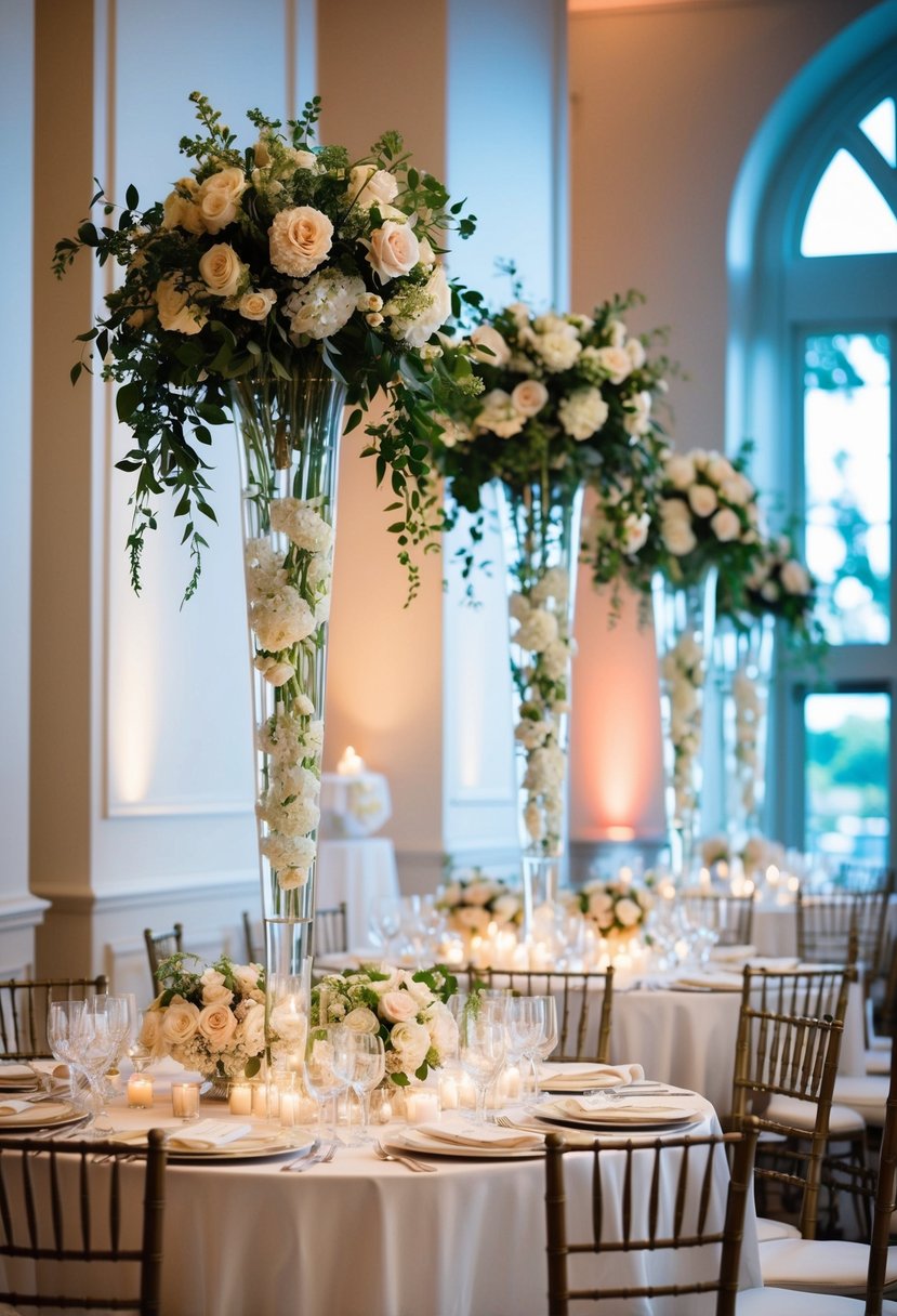 Tall vases filled with cascading florals adorn an elegant indoor wedding table