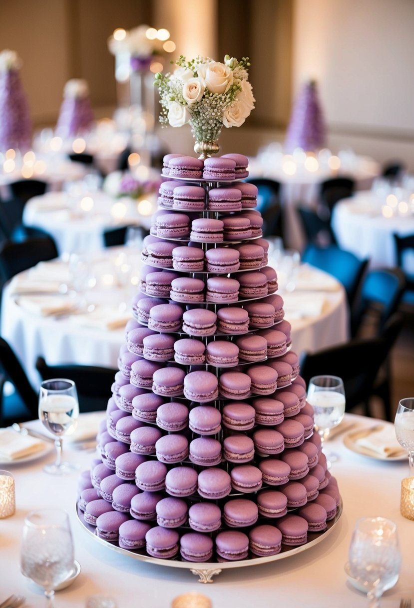 A towering display of lilac macarons serves as a stunning table accent for a wedding, adding a touch of elegance and sweetness to the decor