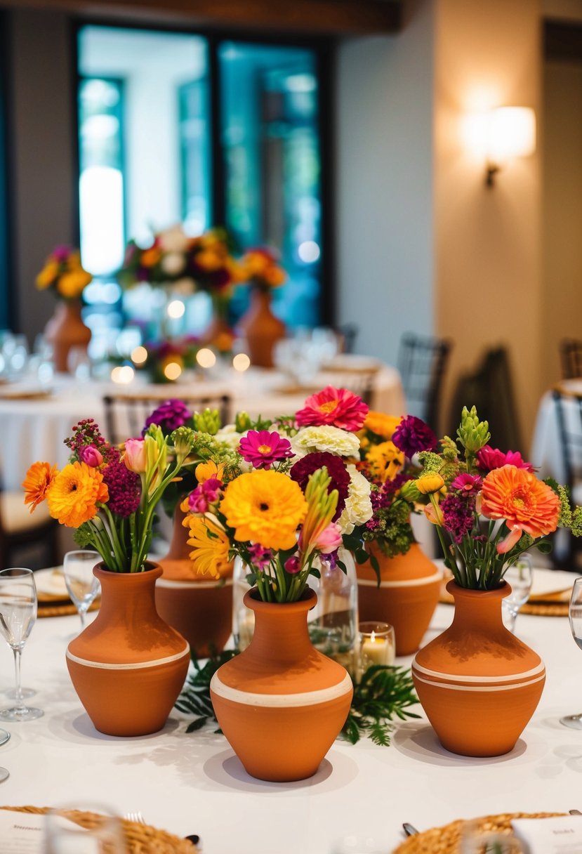 Terracotta vessels filled with vibrant flowers adorn the indoor wedding tables, creating a unique and elegant centerpiece display