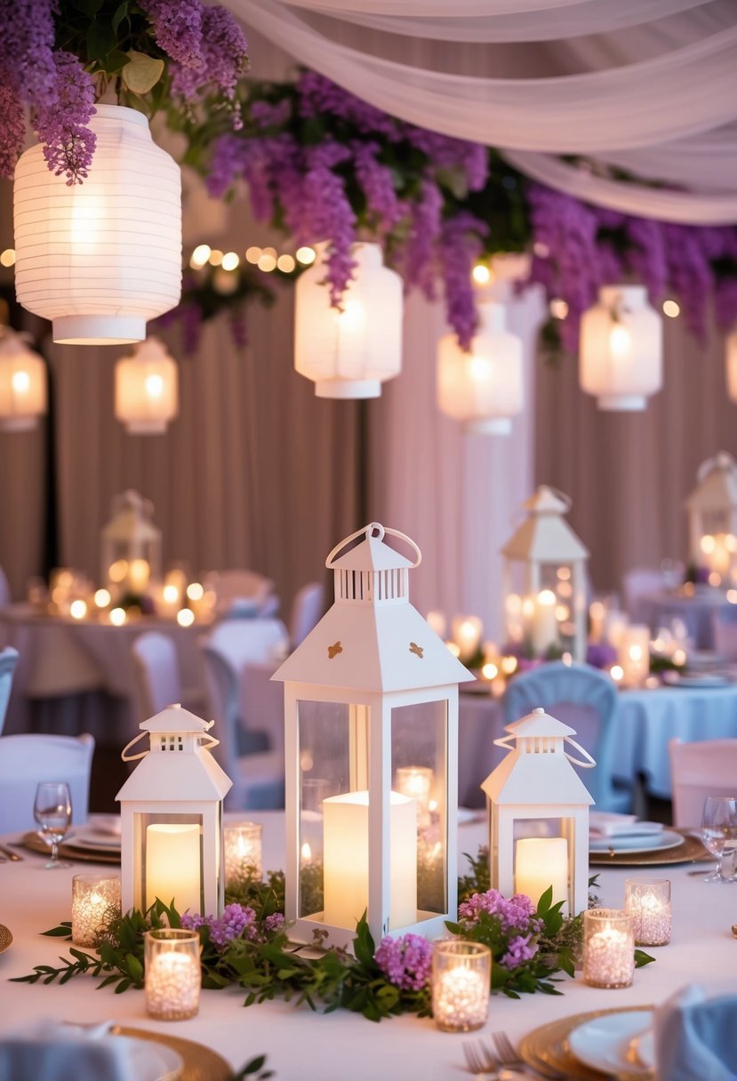 White lanterns adorned with lilac accents illuminate a wedding table, creating a romantic and elegant atmosphere