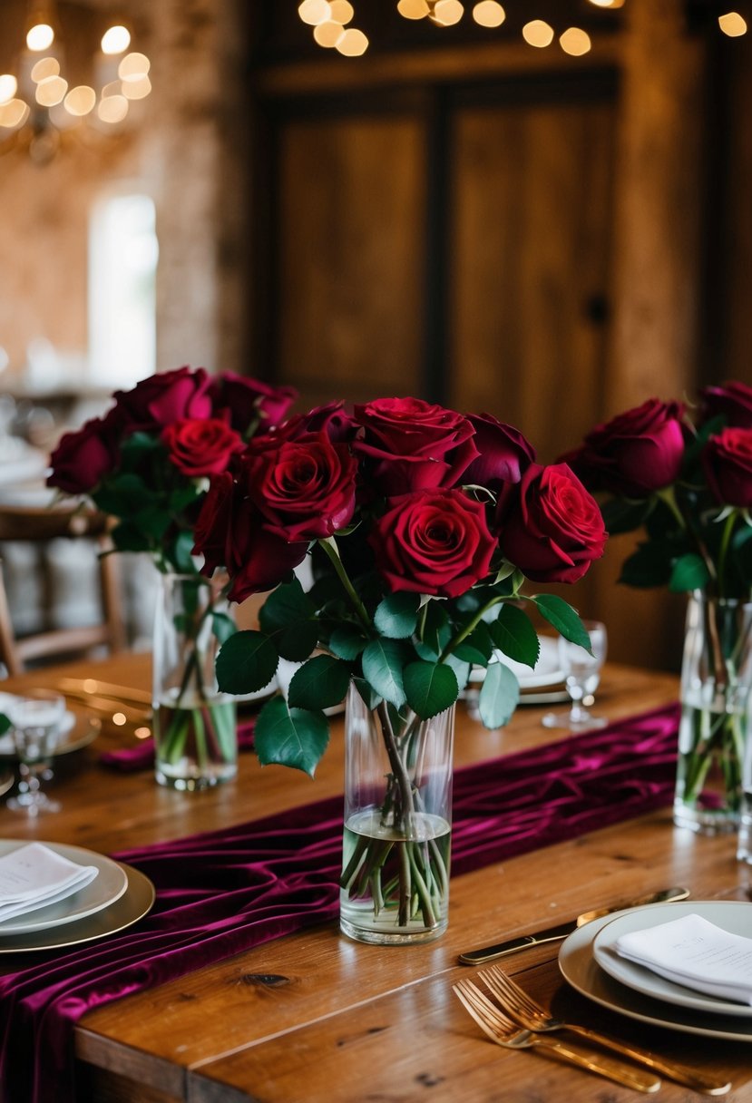 A wooden table adorned with rich velvet and deep red roses, creating a rustic and elegant atmosphere for an indoor wedding celebration