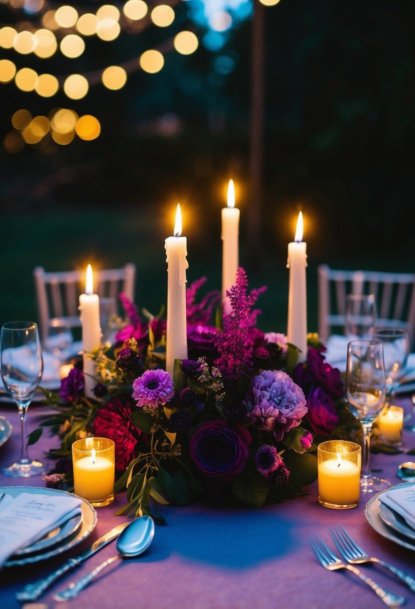 Dimly lit wedding table with deep purple florals, flickering candles, and vintage silverware