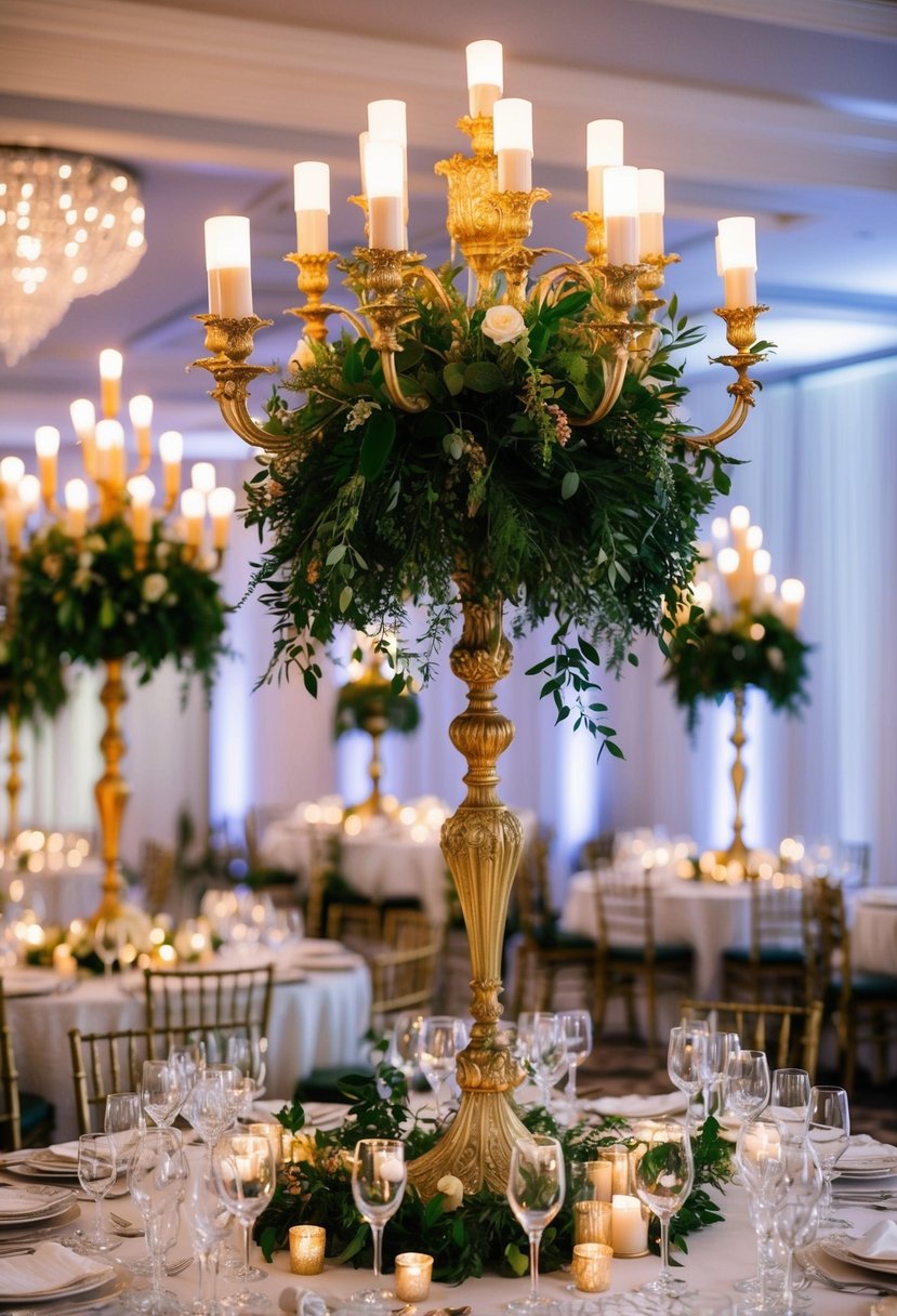 Lush candelabras adorned with greenery illuminate an opulent indoor wedding table