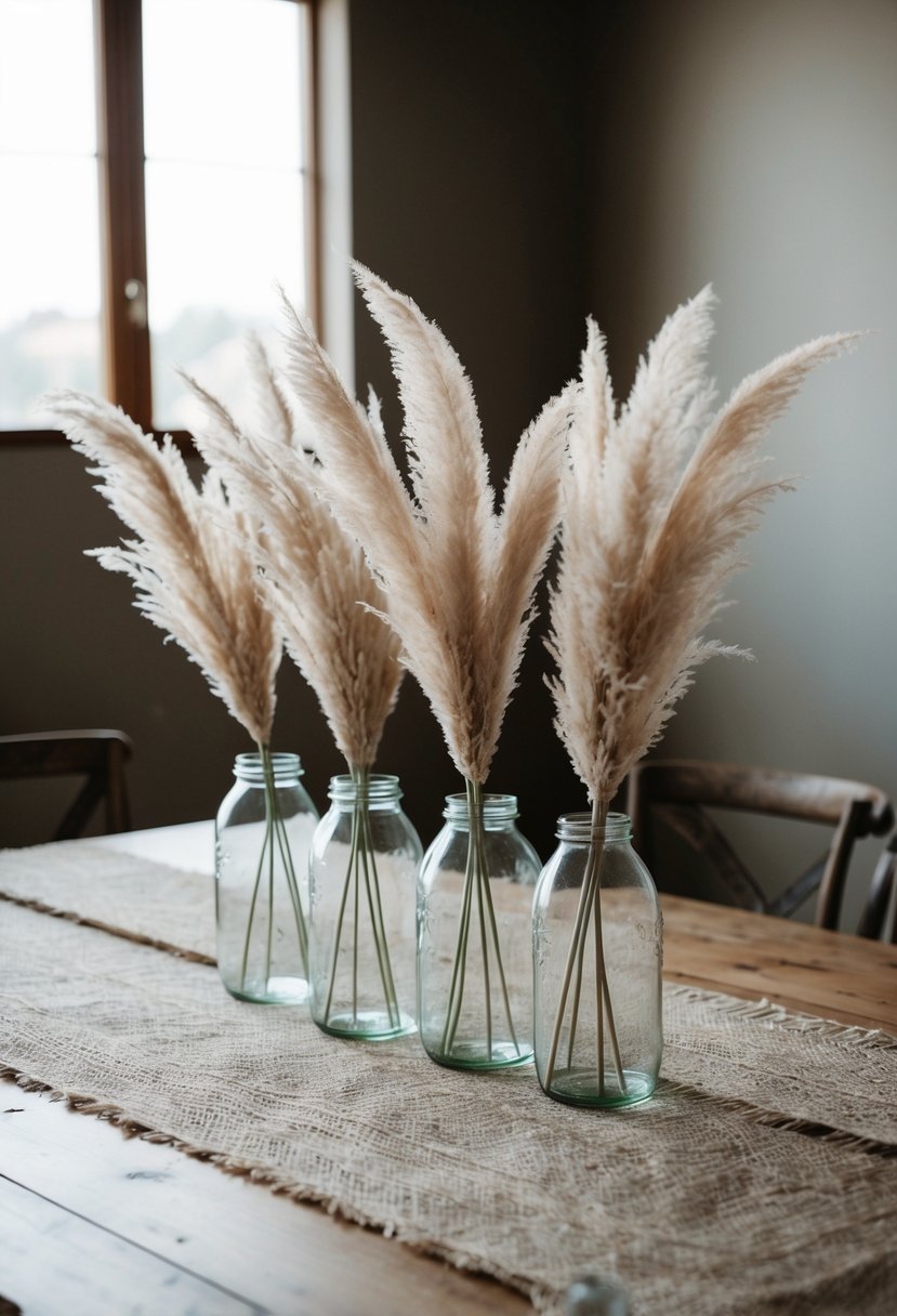 A rustic wooden table adorned with simple glass jars filled with delicate pampas grass, creating a minimalistic and elegant indoor wedding decor