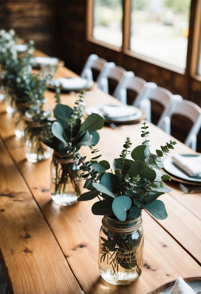 A wooden table adorned with eucalyptus and mason jar centerpieces, creating a rustic and elegant atmosphere for an indoor wedding