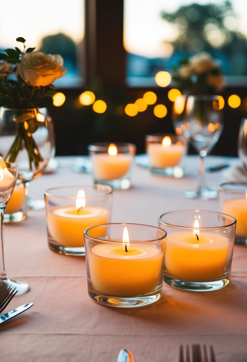 Glass bowls hold floating candles, casting a warm glow on indoor wedding tables