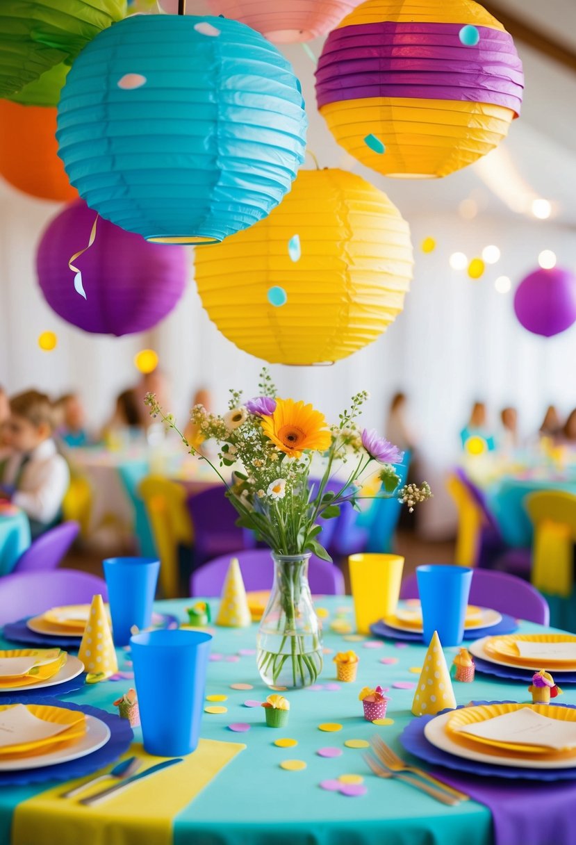 Colorful paper lanterns and confetti decorate the kids' table at the wedding reception. A small vase of wildflowers sits in the center, surrounded by playful place settings and tiny party favors