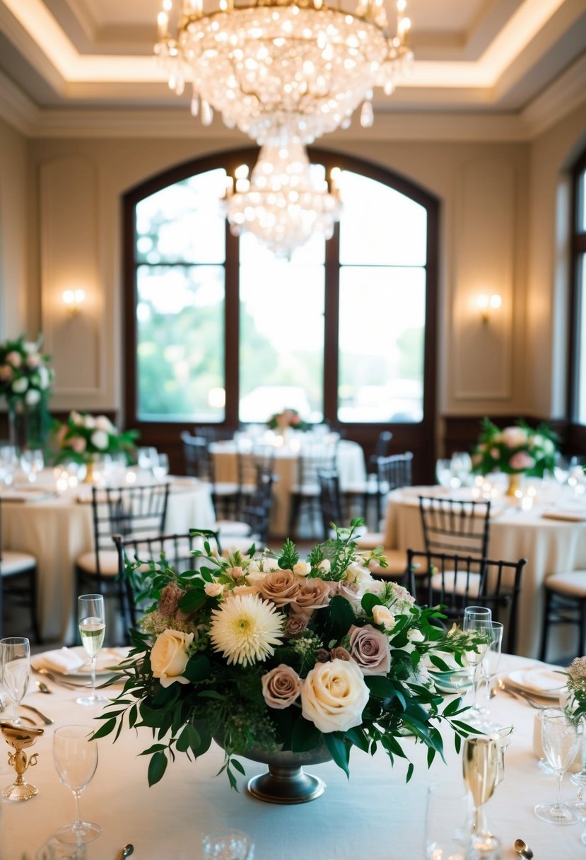 Lush floral compotes adorn elegant indoor wedding tables