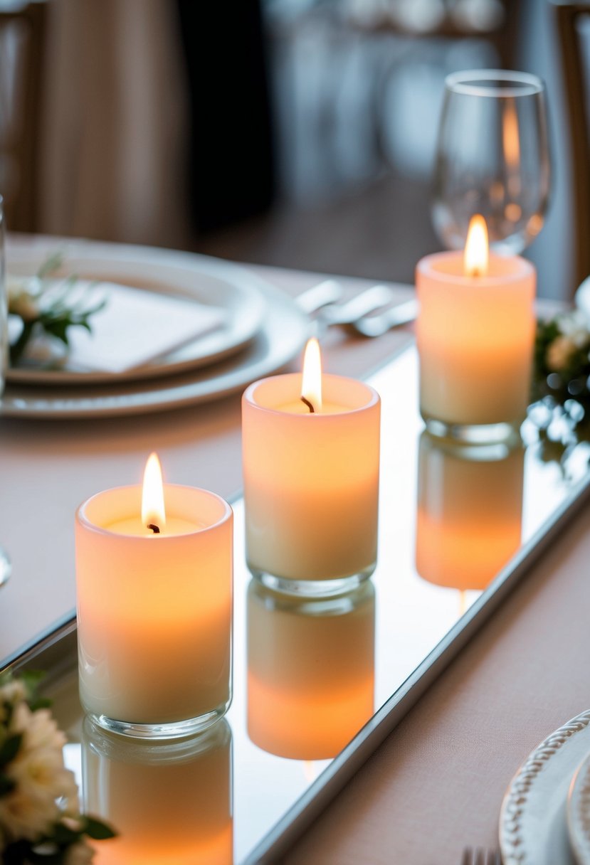 Three votive candles arranged on a mirrored surface, reflecting the soft glow of the flames, set on a wedding table