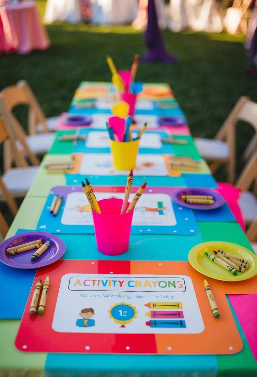 A colorful kids' table set with personalized activity placemats and crayons, serving as a fun and interactive wedding decoration idea