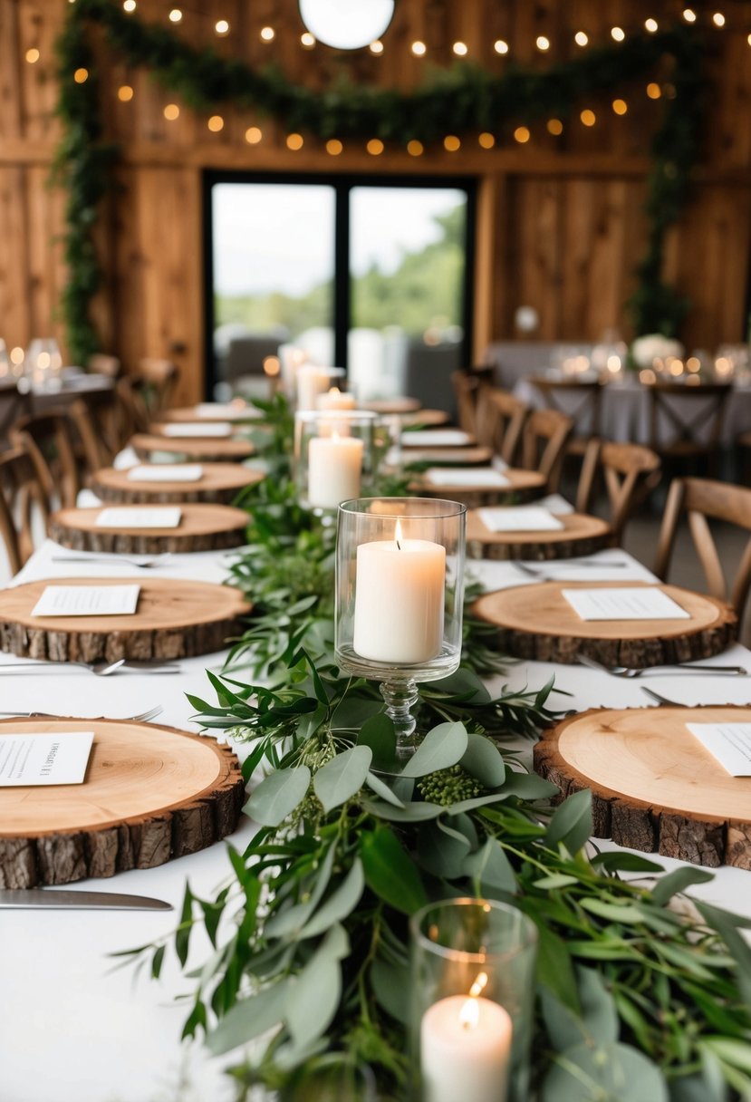 Rustic wooden slabs adorned with lush greenery for indoor wedding table decor