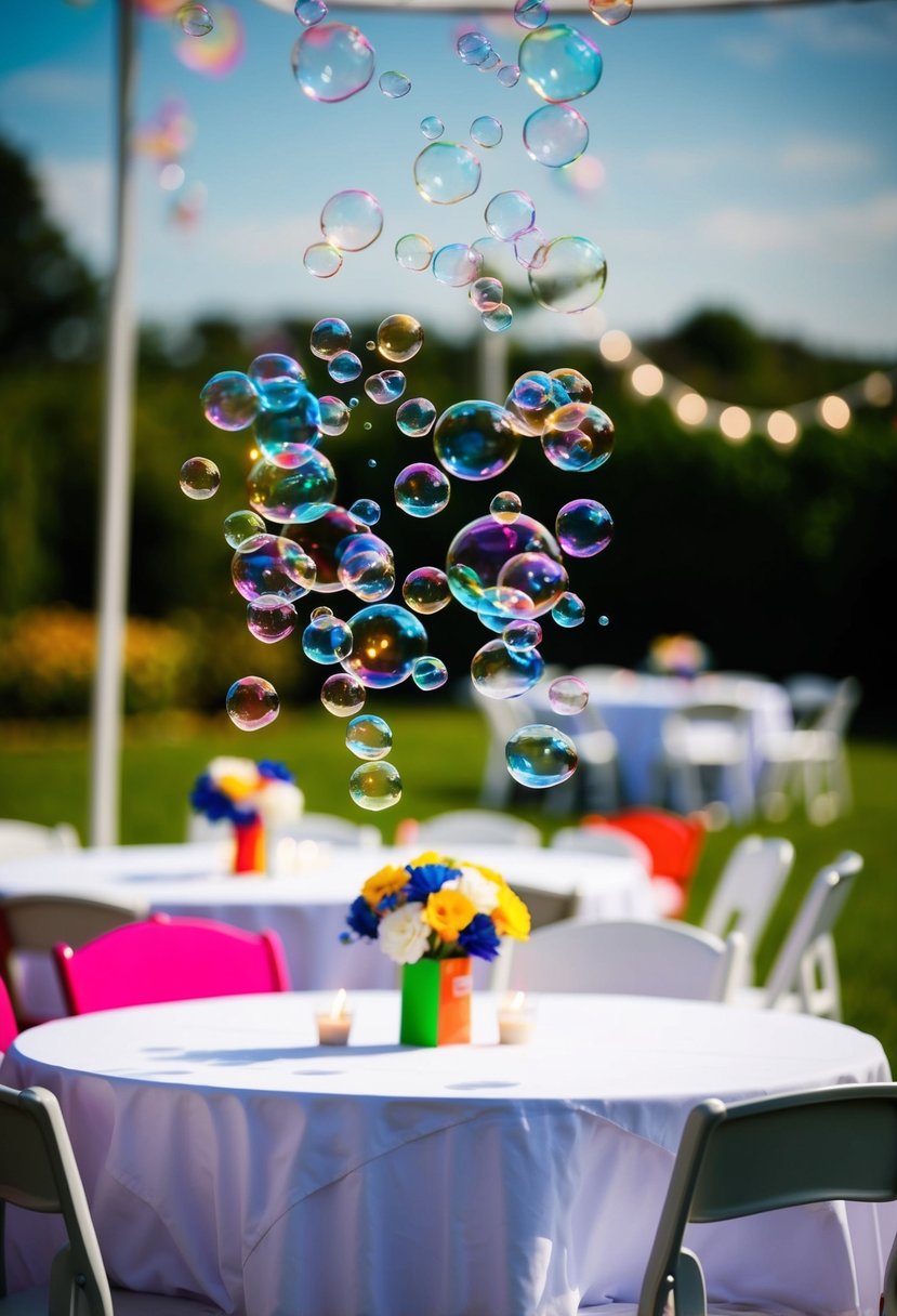 Colorful miniature bubbles float above a kids' table at a wedding, adding a playful and whimsical touch to the decorations