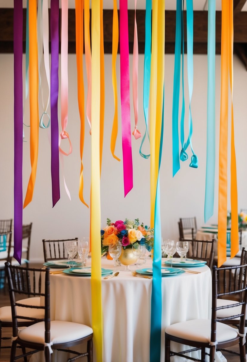 Colorful ribbons and sheer fabric cascade from above, adorning a whimsical indoor wedding table