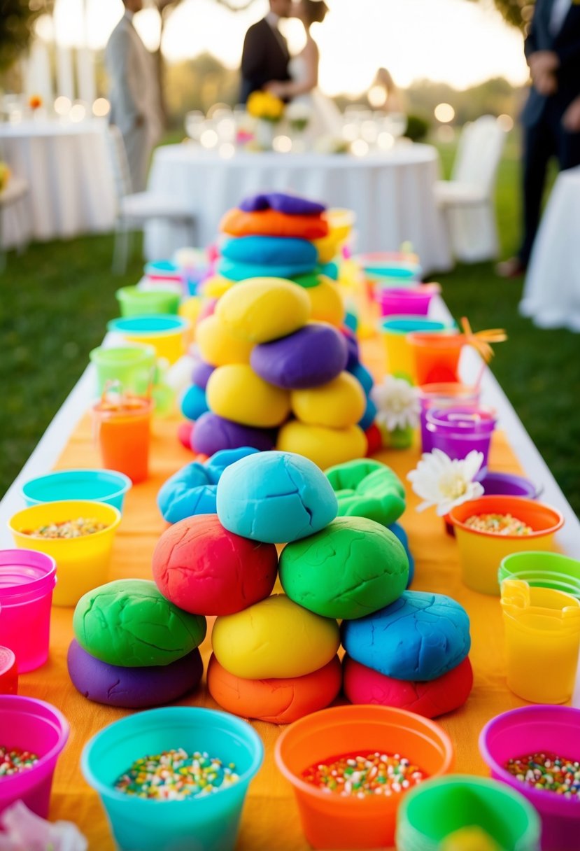 A vibrant play dough set arranged on a kids' table at a wedding, serving as colorful decoration