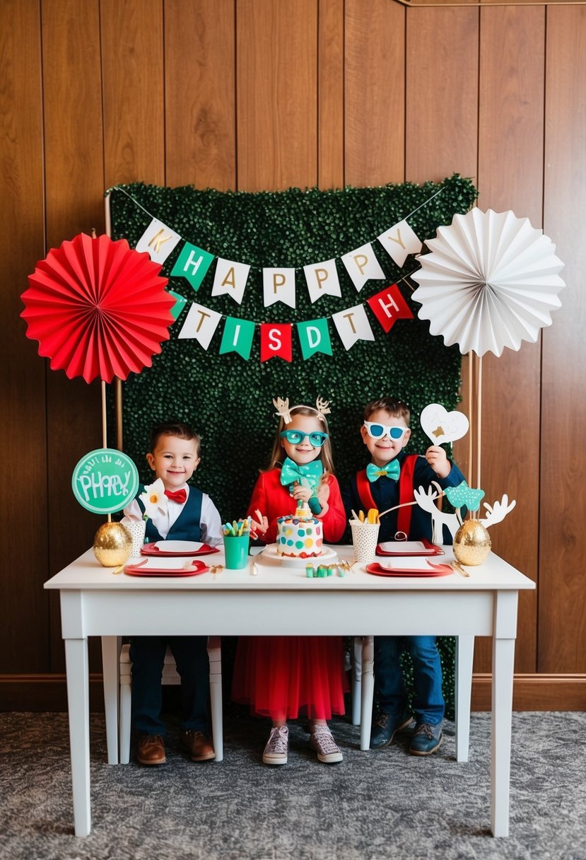 A festive kids' table with a DIY photo booth backdrop and props for a wedding celebration