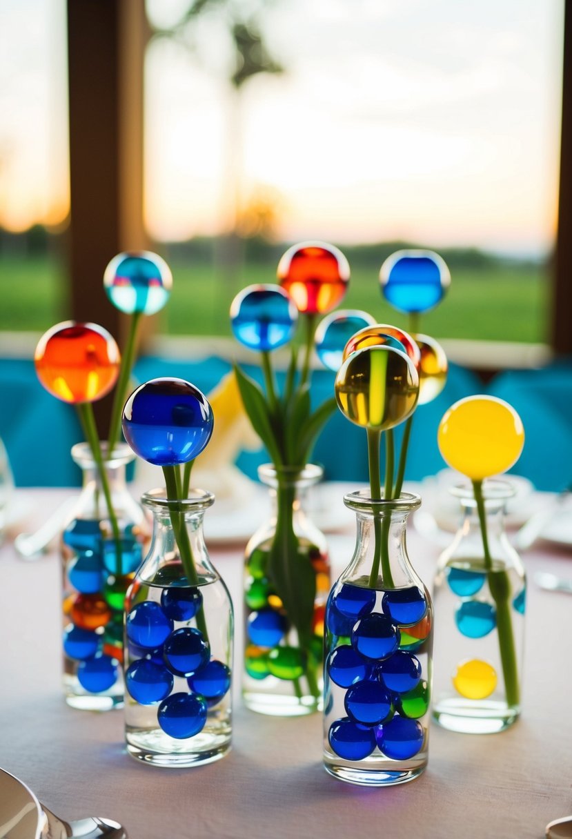 Colorful glass marbles fill small bud vases on a wedding table