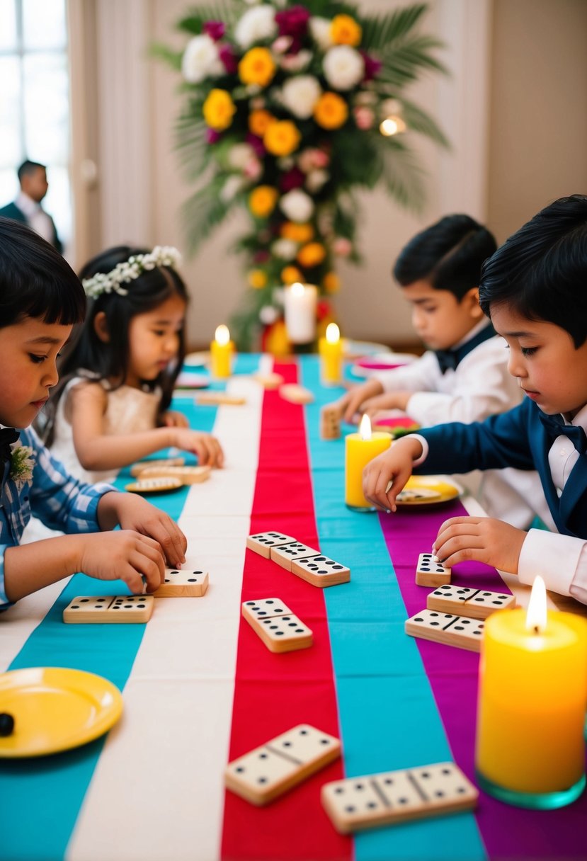 A group of children play dominoes on a colorful table at a wedding, surrounded by decorative elements like flowers and candles