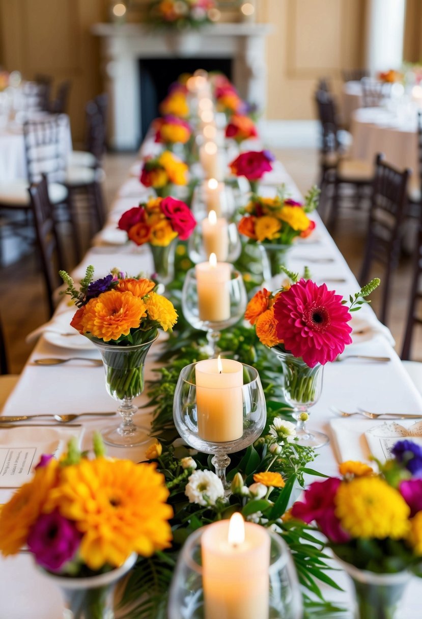 Mini compotes filled with vibrant flowers line lush table runners at an elegant indoor wedding