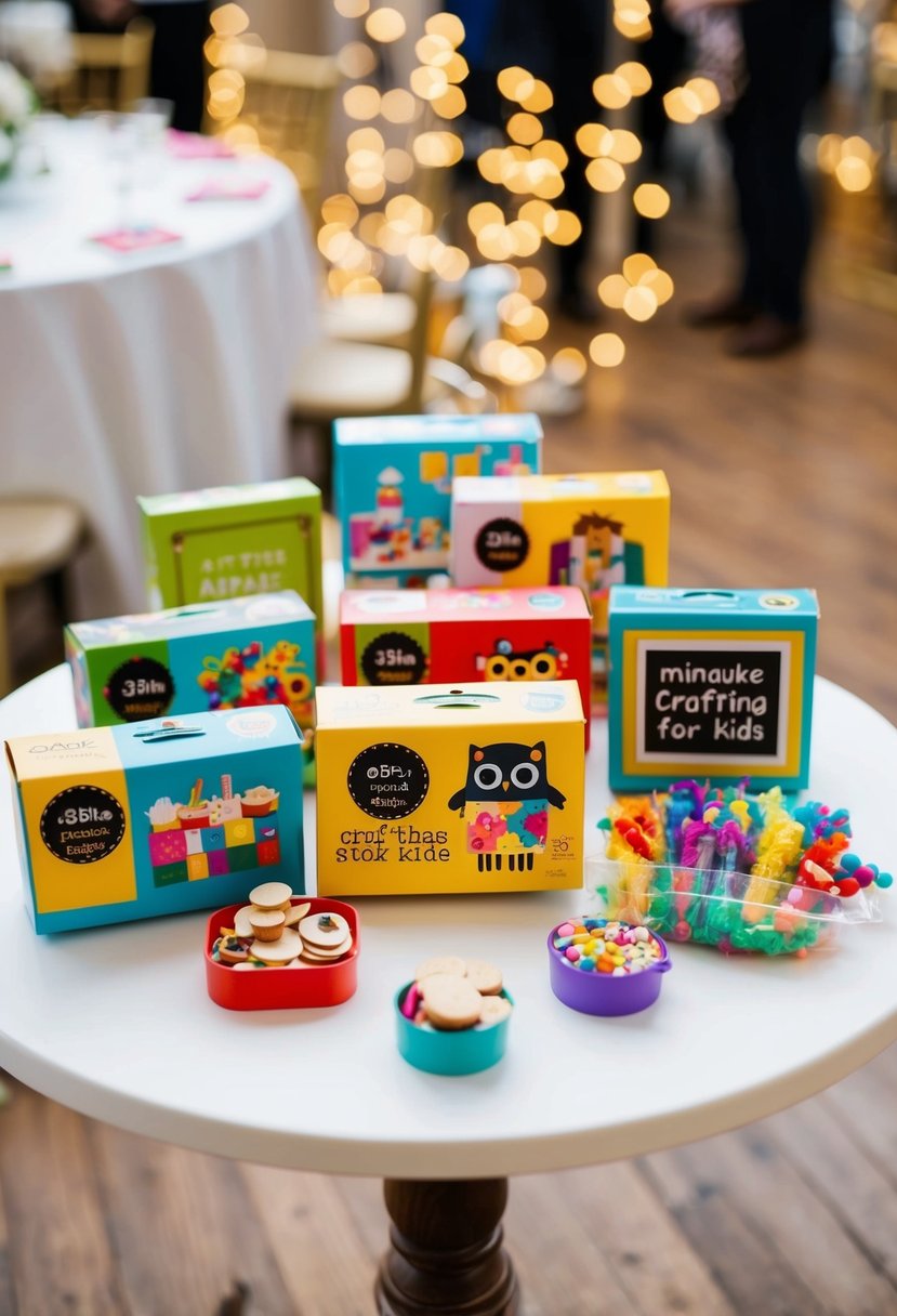 A small table adorned with miniature crafting kits for kids, serving as wedding decorations