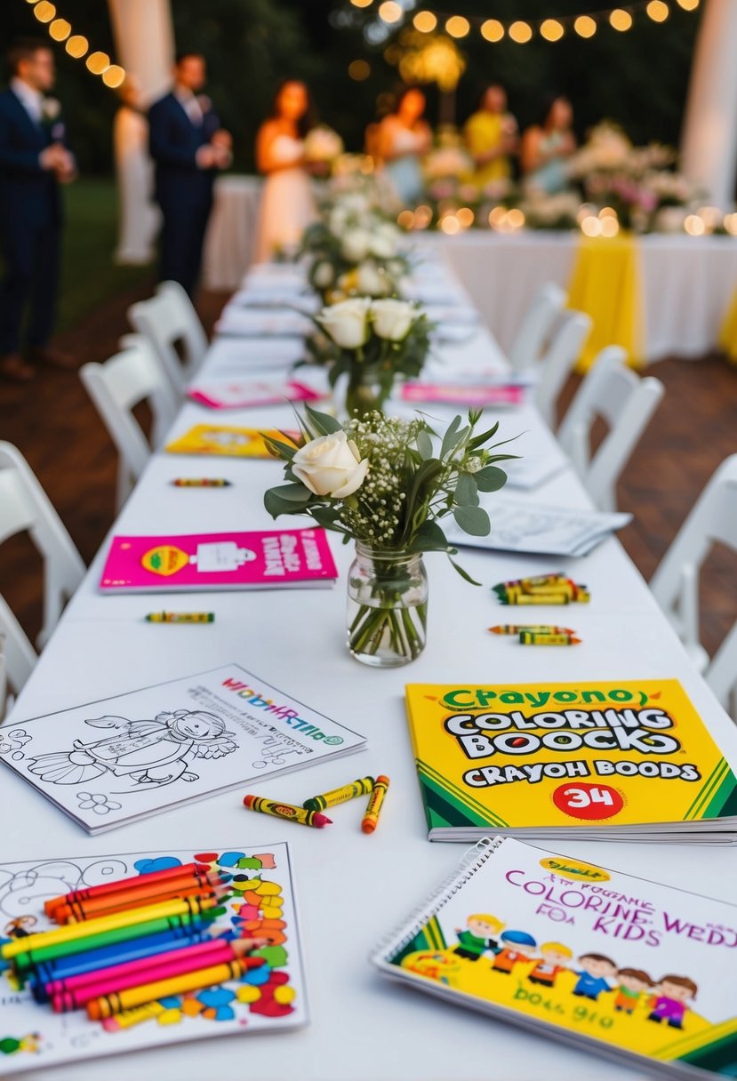 A table set with wedding-themed coloring books and crayons for kids at a wedding reception