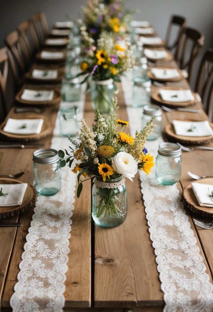 A rustic wooden table adorned with burlap and lace runners, mason jar centerpieces, and wildflower bouquets