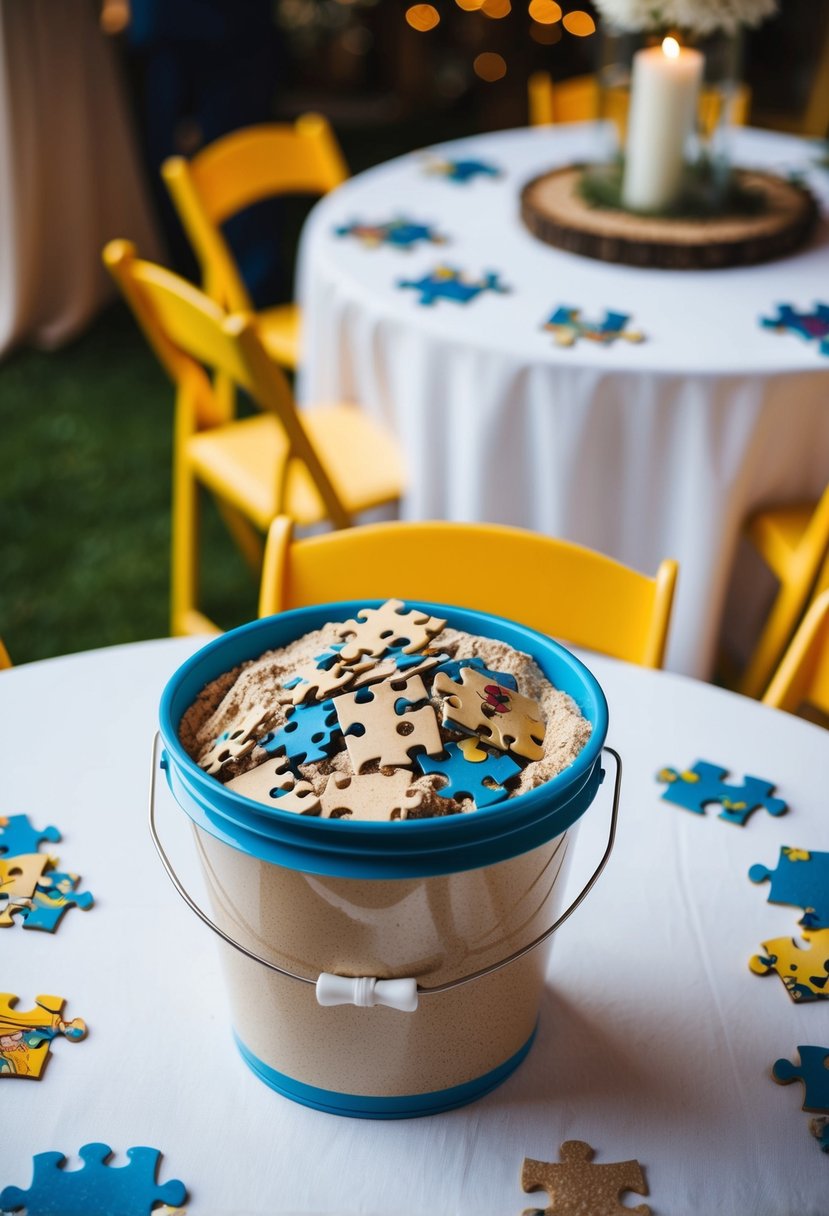 A sand bucket filled with small puzzles sits on a kids' table, serving as a unique wedding decoration idea