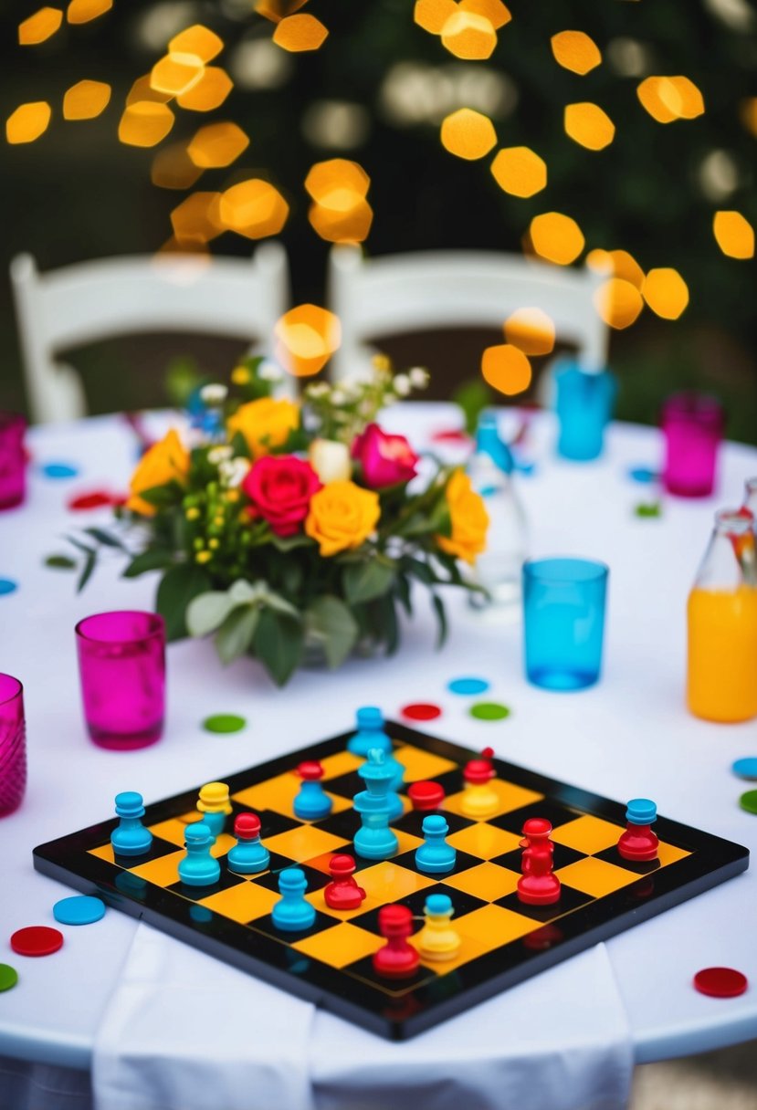 A colorful checkers game sits on a kids' table, surrounded by wedding decorations