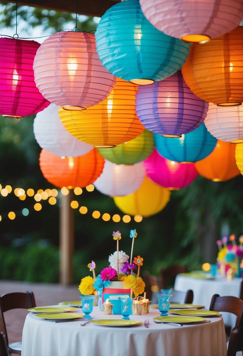 Colorful paper lanterns hang above a kids' table, adding a festive touch to the wedding decor