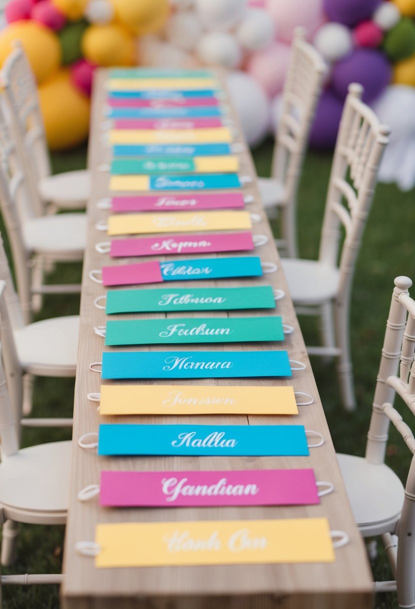 Colorful name tags arranged on a table with small chairs, surrounded by playful wedding decorations