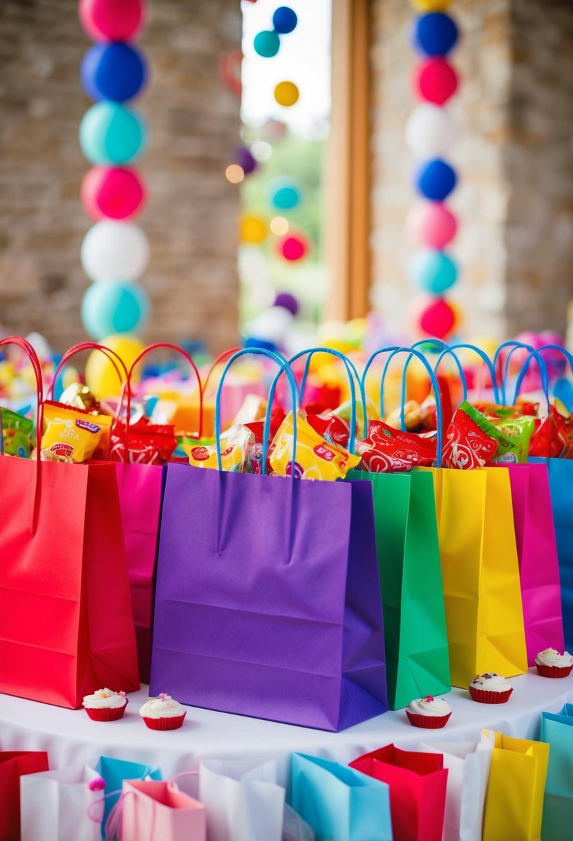 Colorful gift bags filled with treats arranged on a table, surrounded by playful wedding decorations for kids