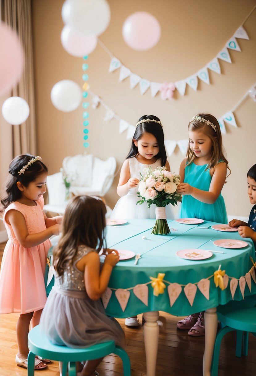 Children playing "Pin the Bouquet on the Bride" at a decorated wedding-themed kids' table