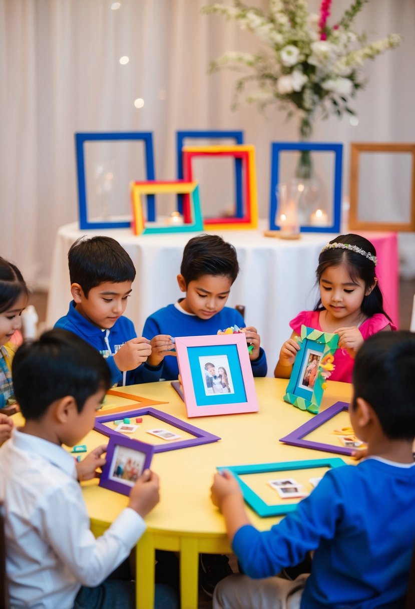 A group of children sit around a table, crafting picture frames with colorful materials. In the background, the frames are displayed as wedding decorations