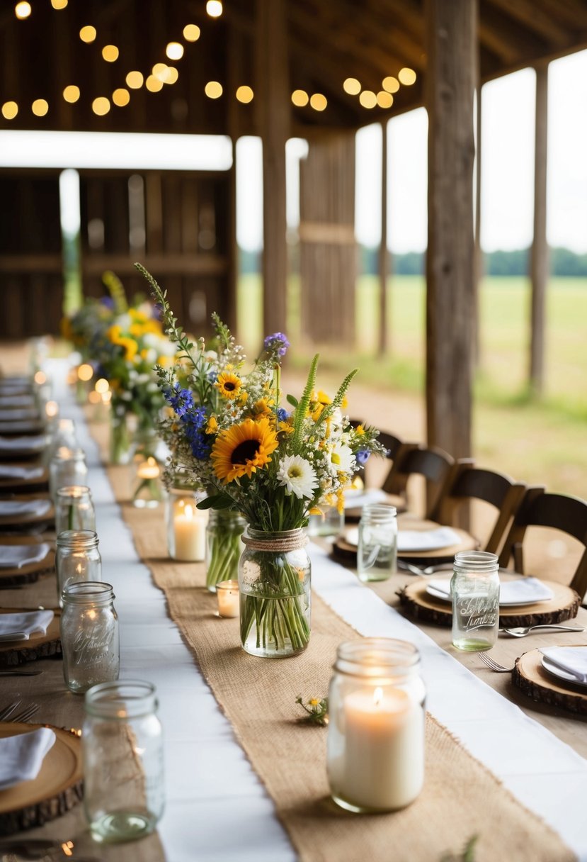 A rustic barn wedding table adorned with wildflowers, burlap runners, and candlelit mason jars