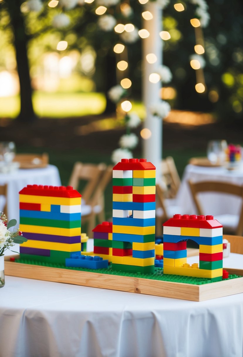 A colorful Lego building station on a kids' table, part of a wedding decoration display