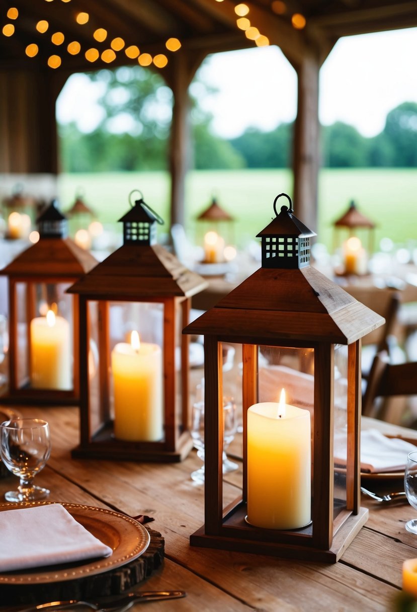 Wooden lanterns with lit candles on rustic barn wedding tables