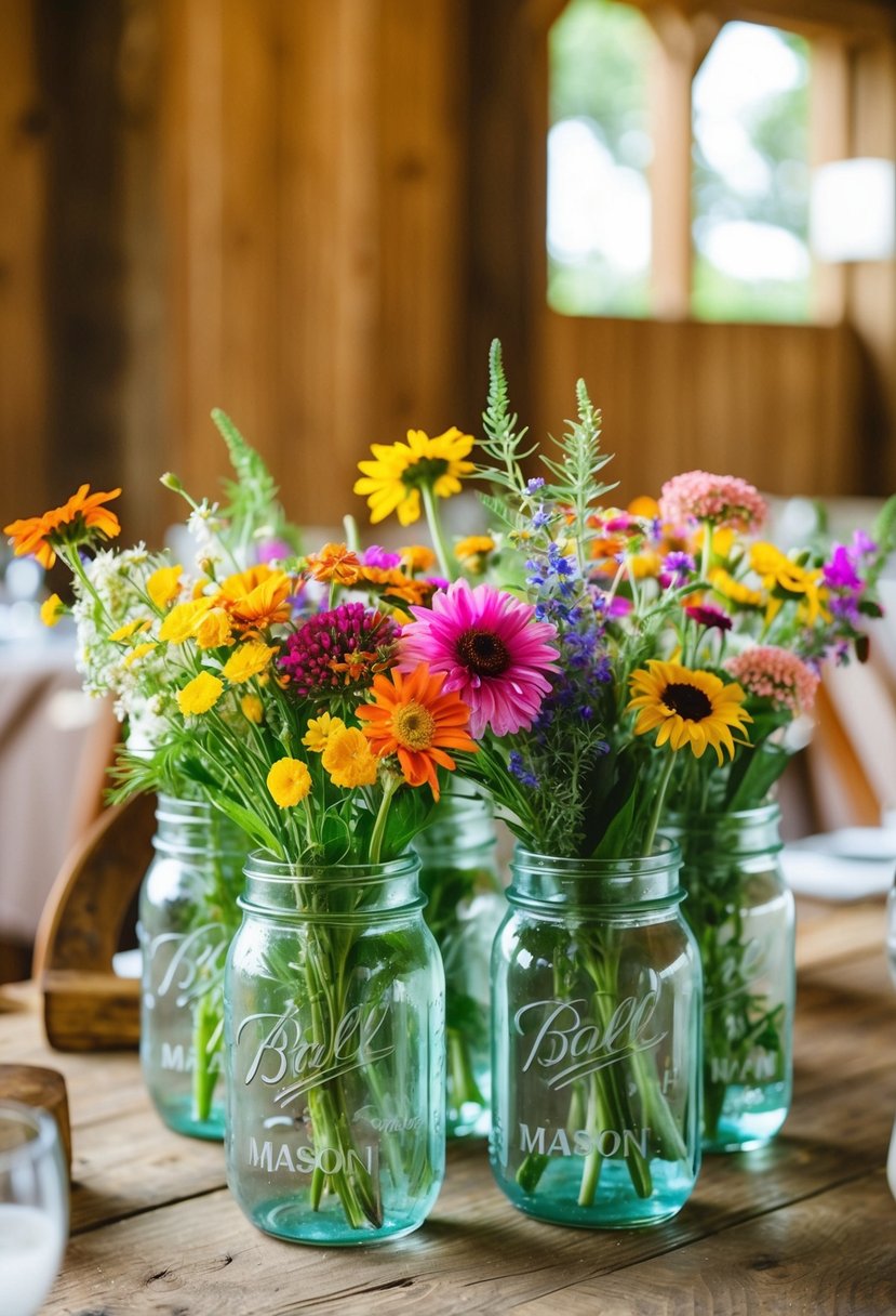 Mason jars filled with colorful wildflowers arranged on a rustic barn wedding table