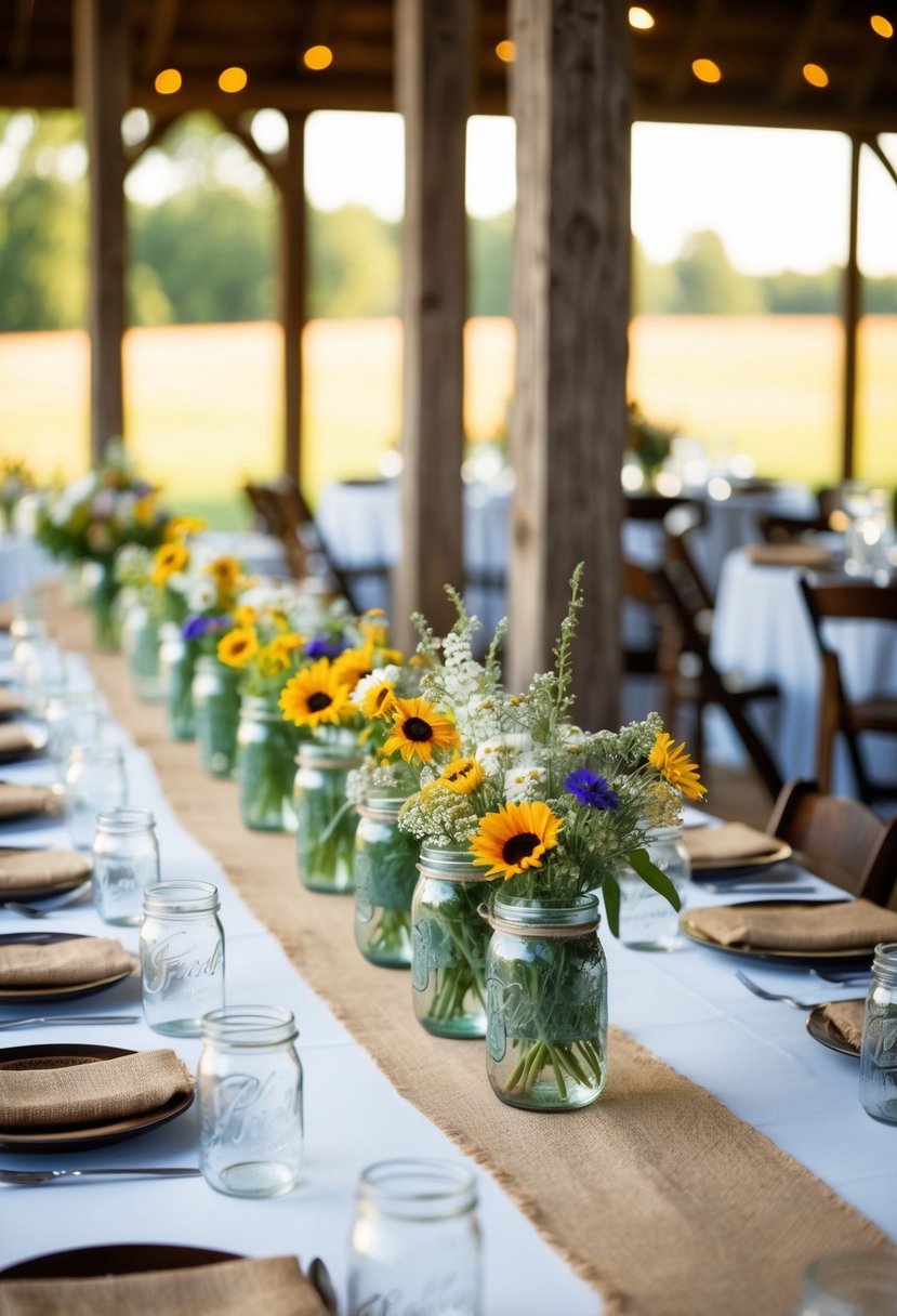 A rustic barn wedding table adorned with burlap table runners, mason jar centerpieces, and wildflower bouquets