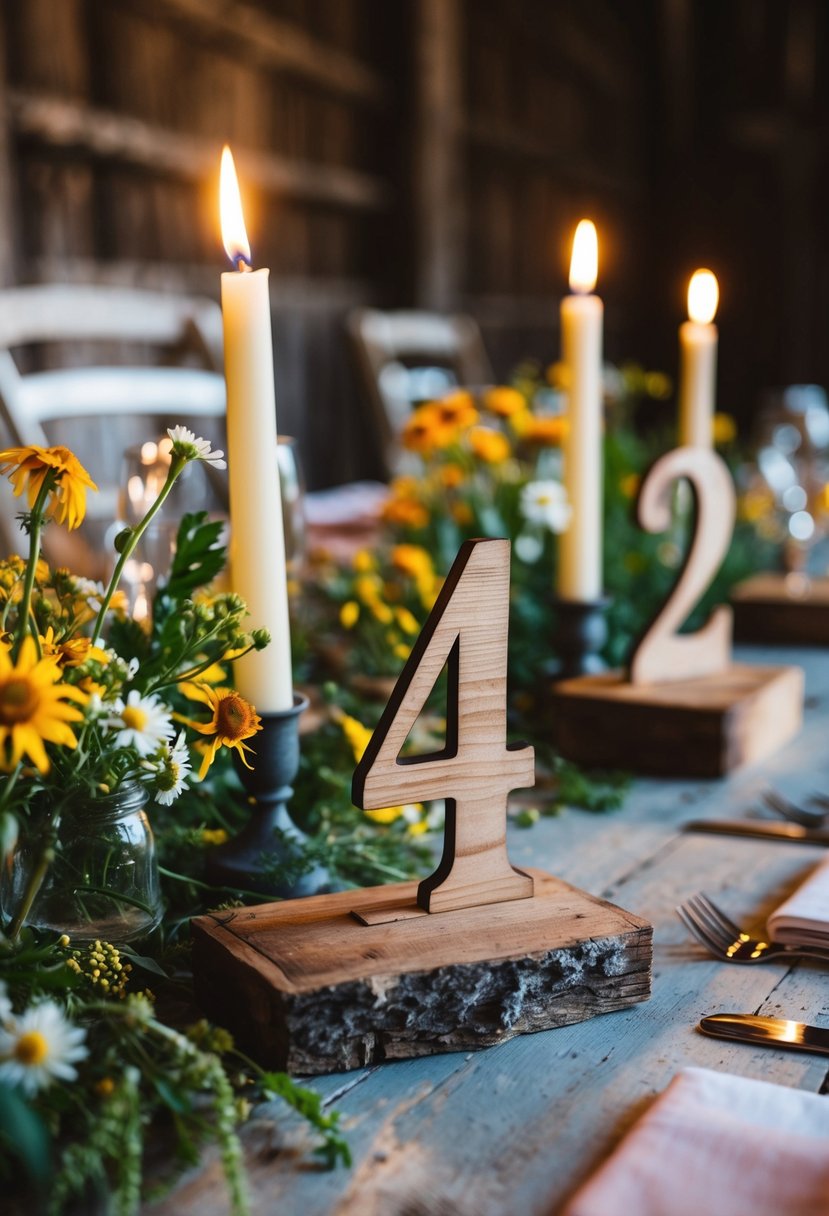 A set of rustic wooden table numbers arranged on a weathered barn table, surrounded by wildflowers and candlelight