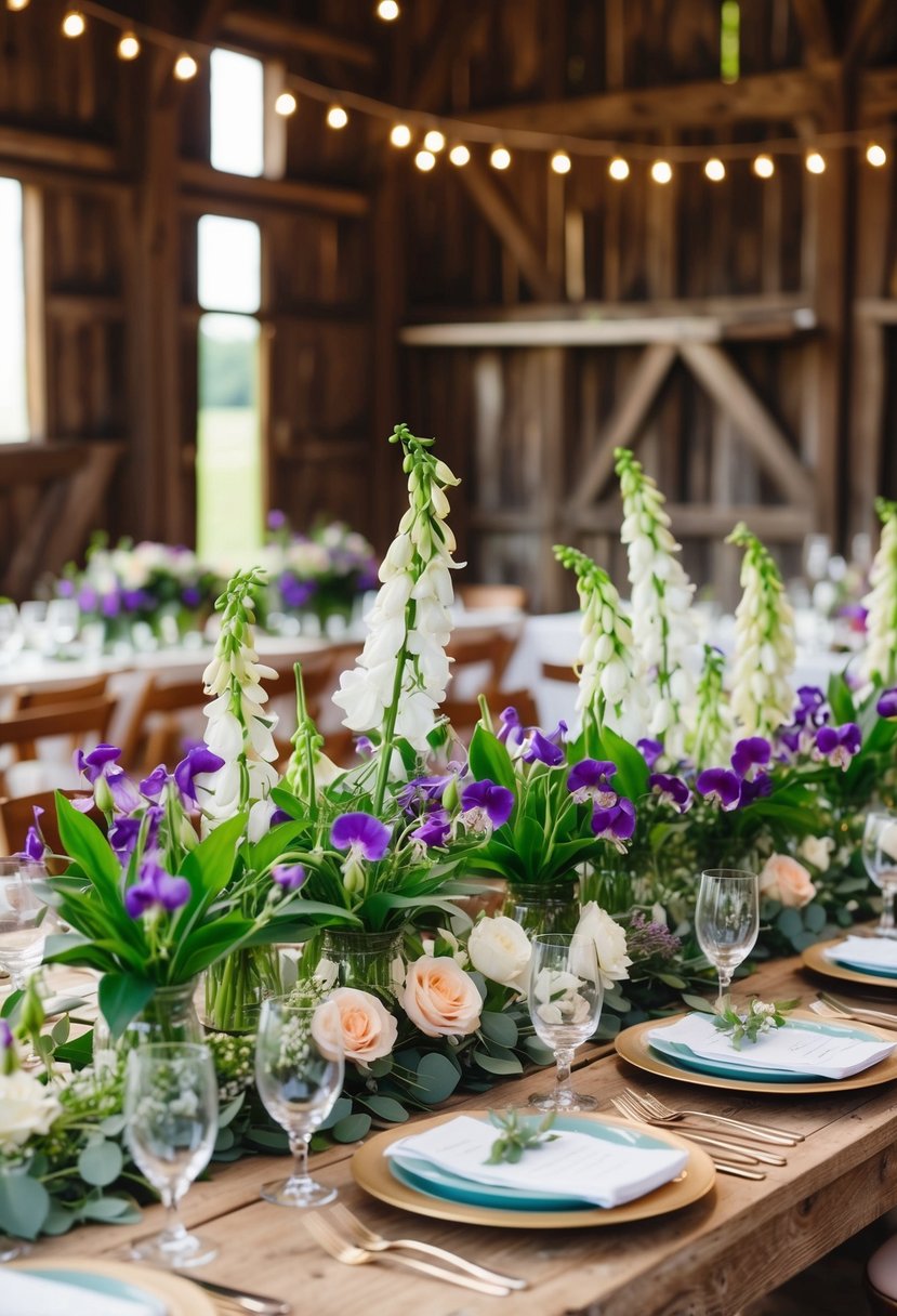 A rustic barn table adorned with vibrant sweet pea and lisianthus centerpieces, creating a charming and elegant atmosphere for a wedding celebration