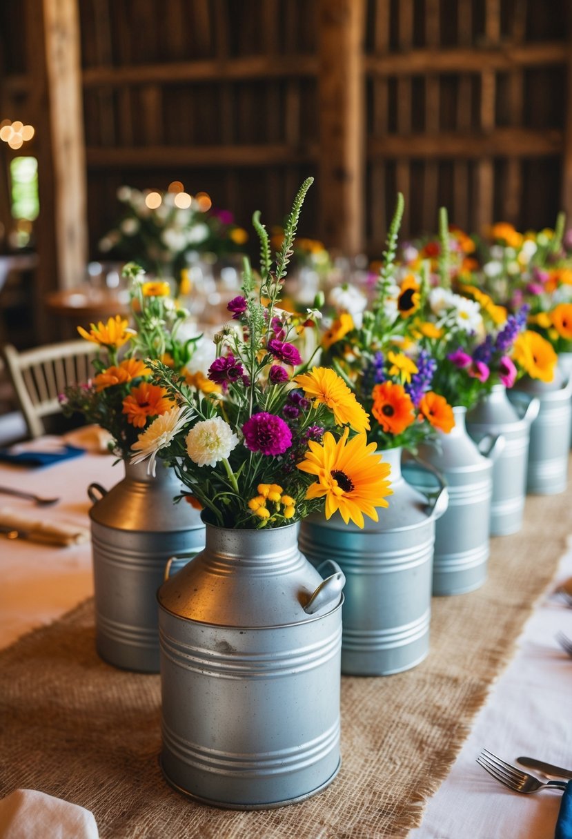 Antique milk cans filled with vibrant wildflowers arranged on a rustic barn wedding table