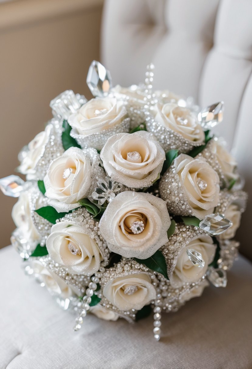 A sparkling wedding bouquet with glittering roses, pearls, and crystal accents