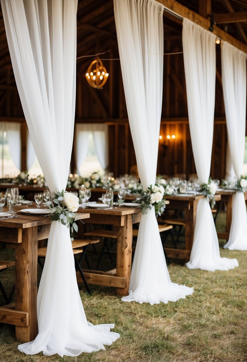 White sheer curtain panels draped over rustic wooden tables at a barn wedding, creating an elegant and romantic decoration