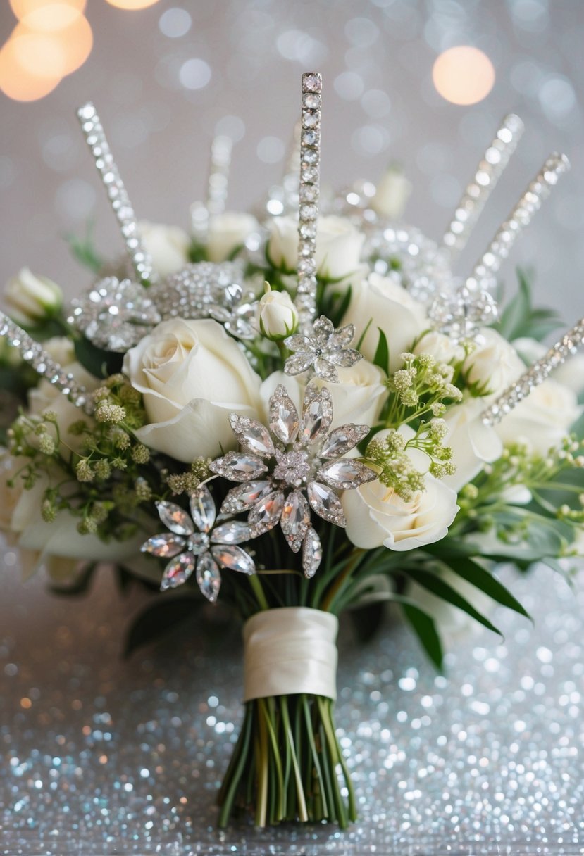 A sparkling wedding bouquet with rhinestone picks among glittery flowers