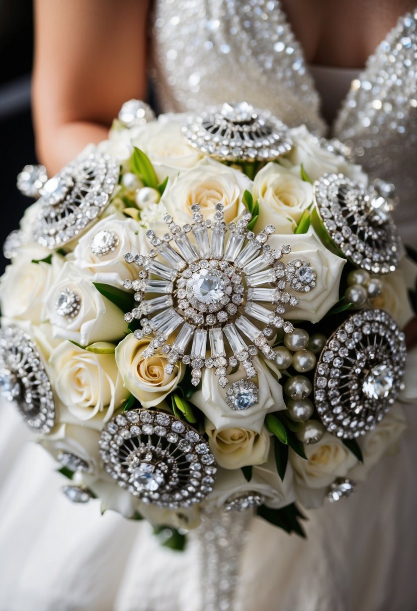 A sparkling wedding bouquet adorned with shimmering brooches