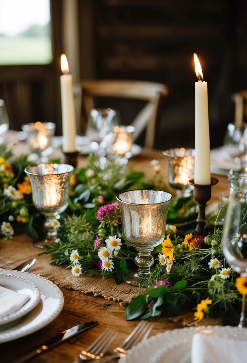 Mercury glass votives scattered among wildflowers on a rustic barn wedding table