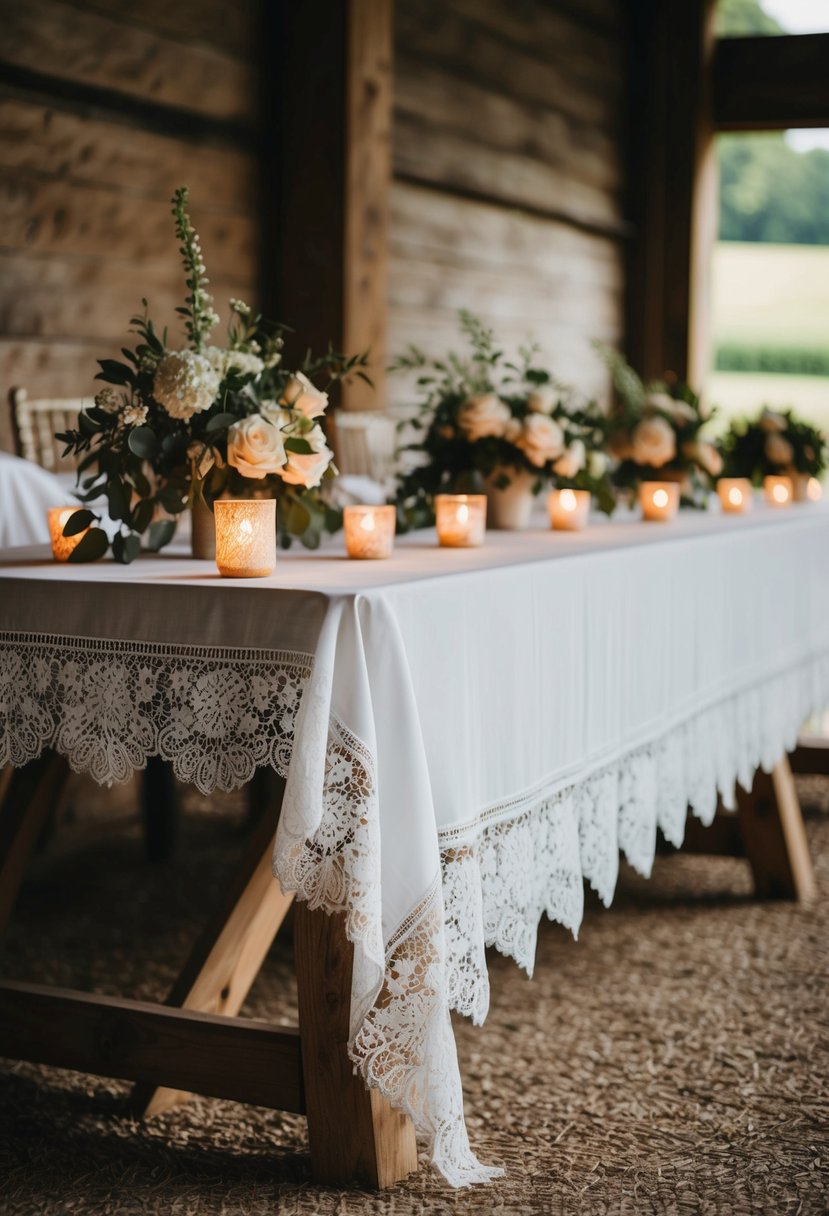 A lace tablecloth drapes over a rustic barn wedding table, adorned with delicate floral arrangements and glowing candles