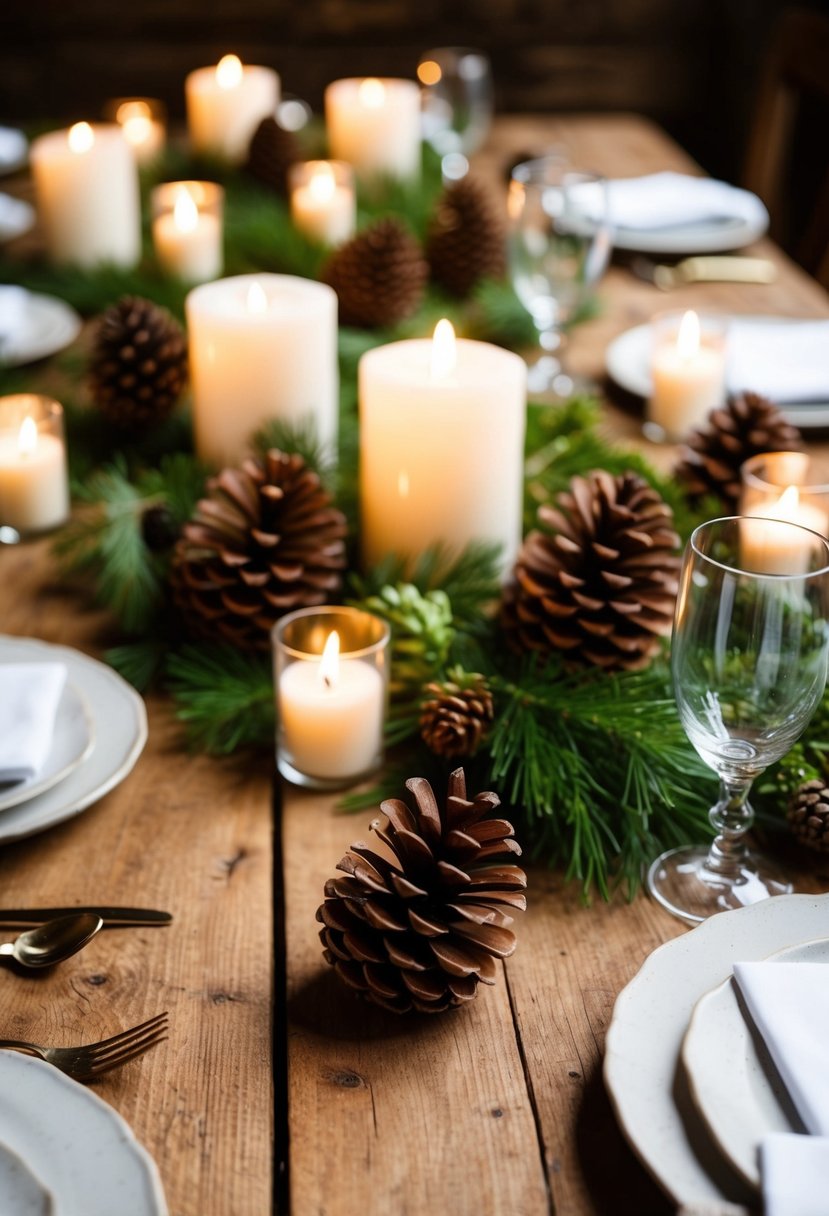 Pinecones scattered among candles and greenery on a rustic barn wedding table