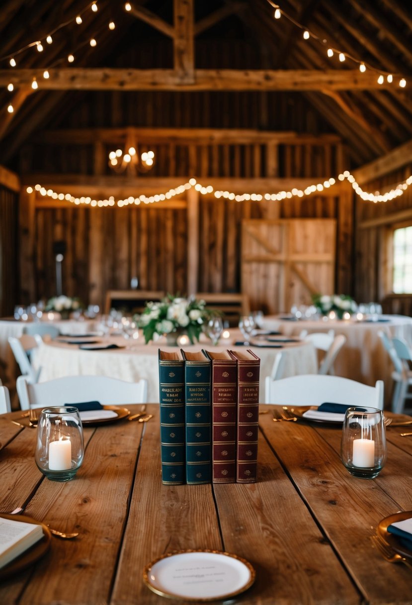 A rustic barn wedding table adorned with vintage books as centerpieces